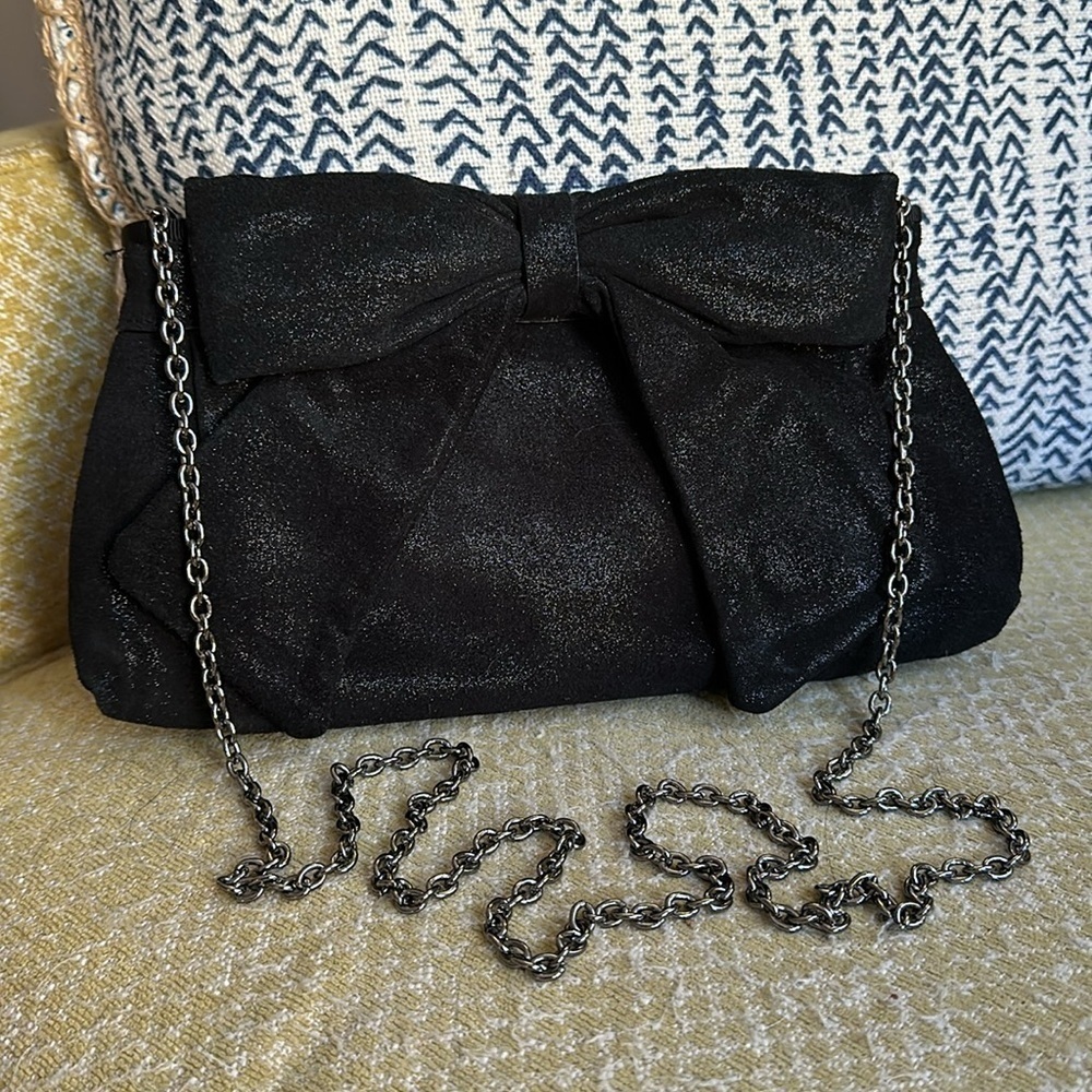 ANN TAYLOR Black Suede Metallic Bow Clutch with Removable Shoulder Chain